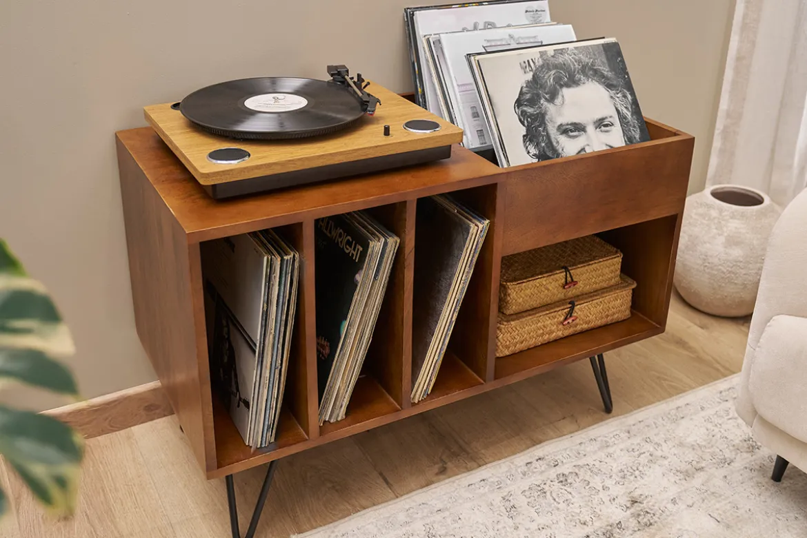 Buffet de rangement vinyles en bois manguier massif teinté et métal L90 cm BOOGIE
