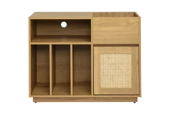 Buffet de rangement vinyles finition bois clair chêne et cannage rotin L95 cm ALICANTE