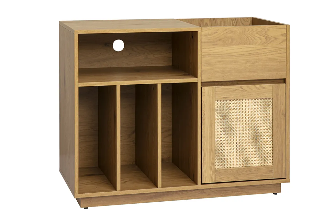 Buffet de rangement vinyles finition bois clair chêne et cannage rotin L95 cm ALICANTE