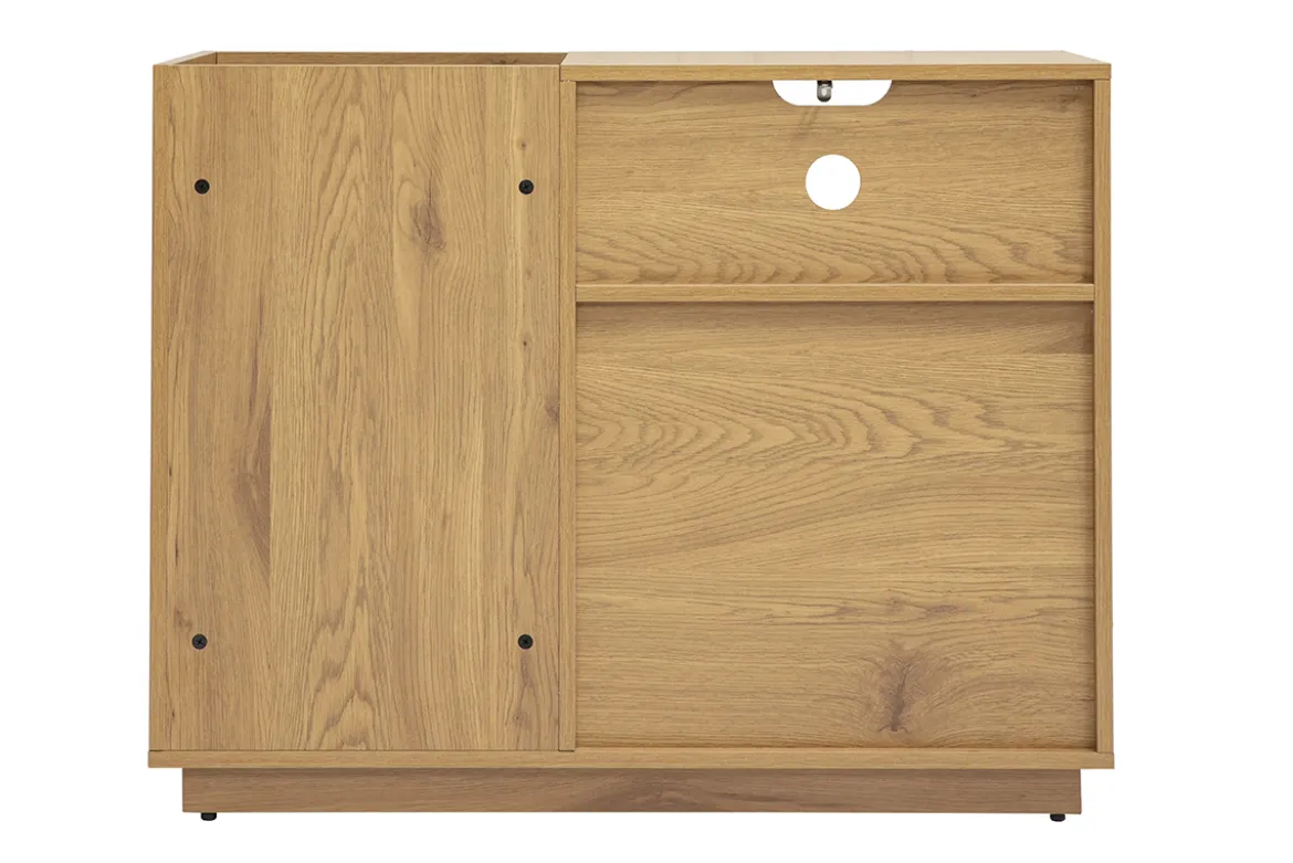 Buffet de rangement vinyles finition bois clair chêne et cannage rotin L95 cm ALICANTE