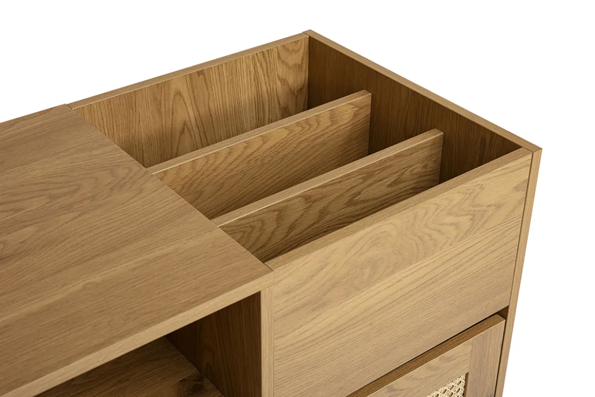 Buffet de rangement vinyles finition bois clair chêne et cannage rotin L95 cm ALICANTE