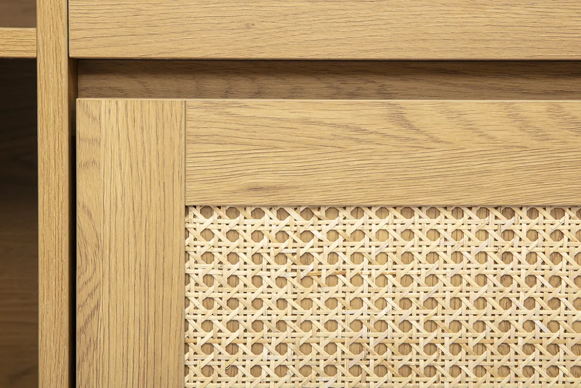 Buffet de rangement vinyles finition bois clair chêne et cannage rotin L95 cm ALICANTE