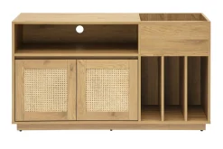 Buffet de rangement vinyles finition bois clair chêne et cannage rotin L130 cm ALICANTE