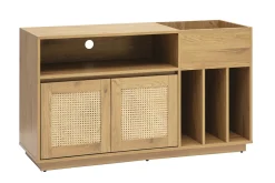 Buffet de rangement vinyles finition bois clair chêne et cannage rotin L130 cm ALICANTE