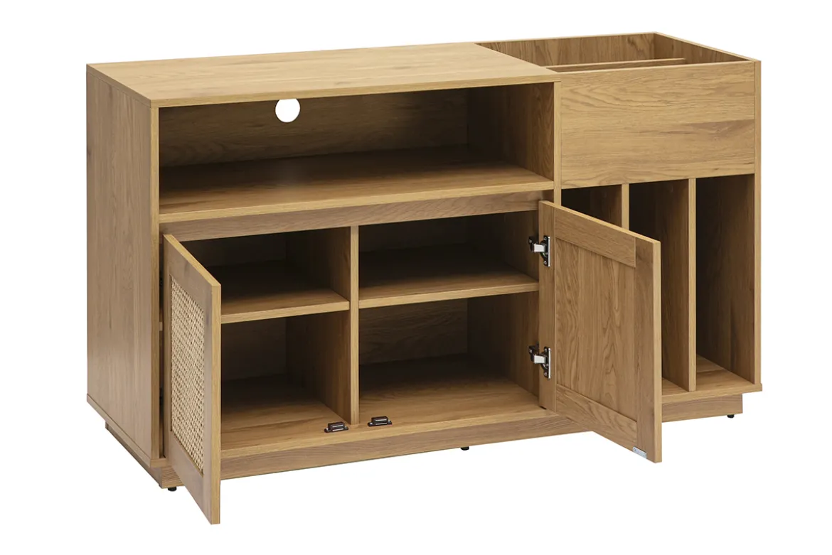 Buffet de rangement vinyles finition bois clair chêne et cannage rotin L130 cm ALICANTE