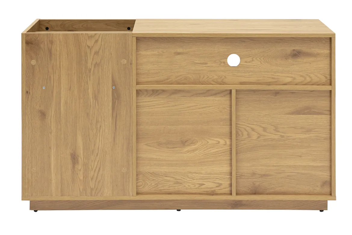 Buffet de rangement vinyles finition bois clair chêne et cannage rotin L130 cm ALICANTE