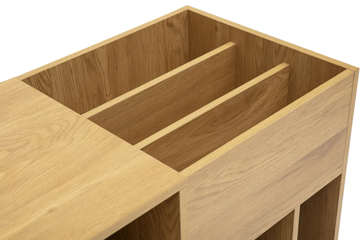Buffet de rangement vinyles finition bois clair chêne et cannage rotin L130 cm ALICANTE