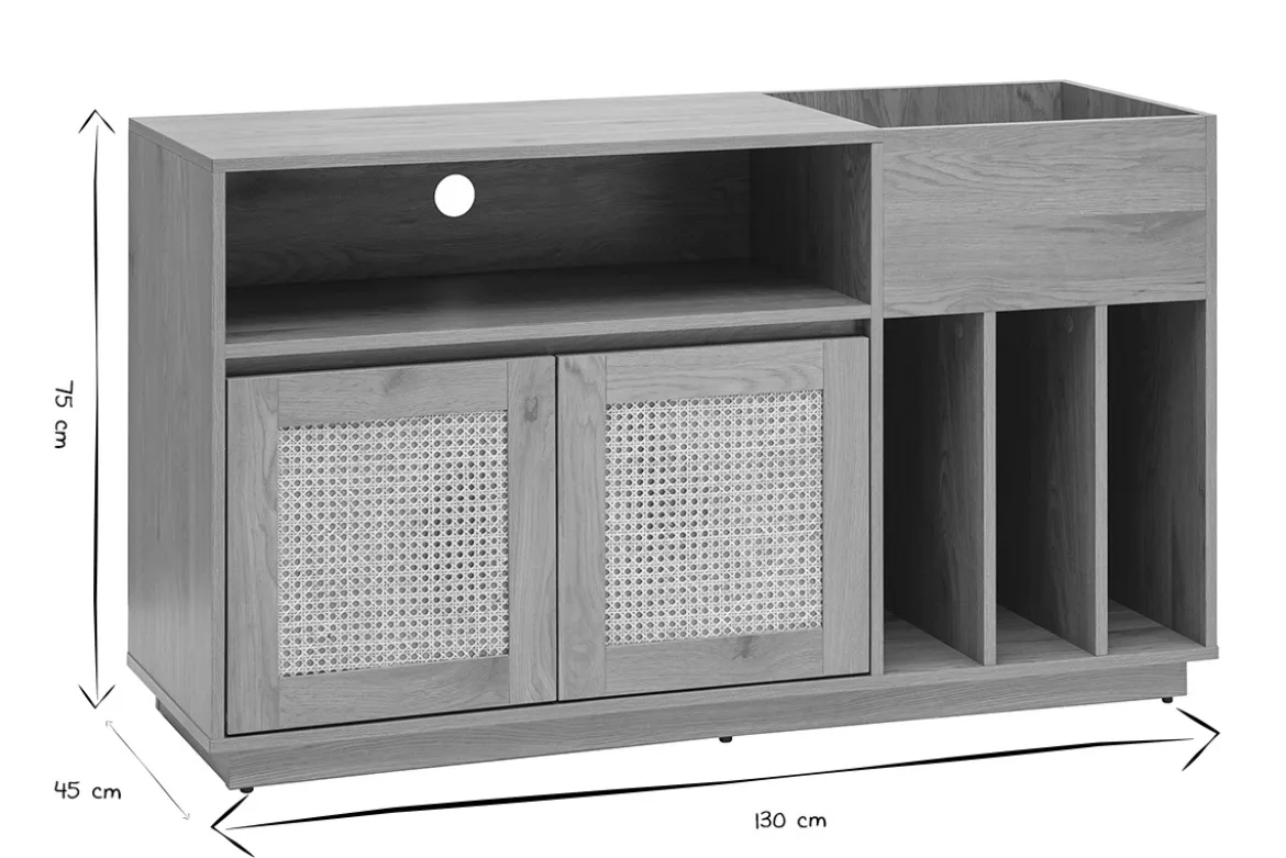 Buffet de rangement vinyles finition bois clair chêne et cannage rotin L130 cm ALICANTE