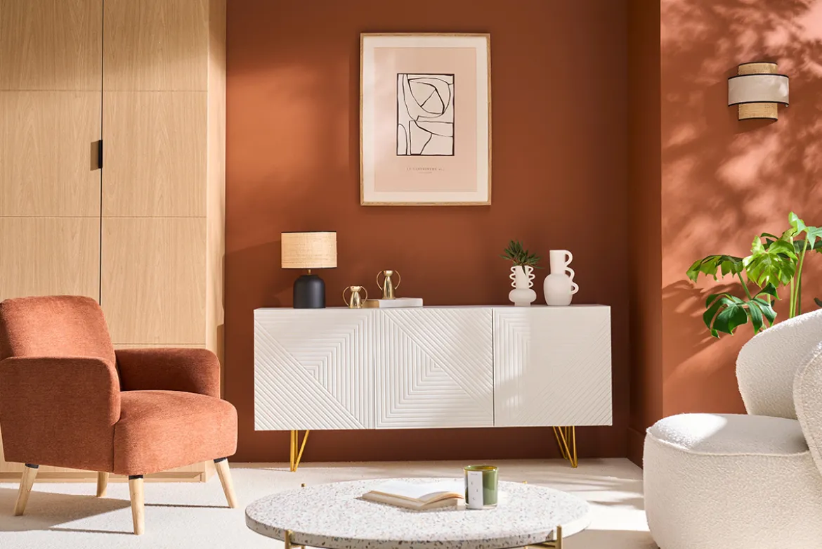 Buffet design blanc et métal doré 3 portes L160 cm OZEN
