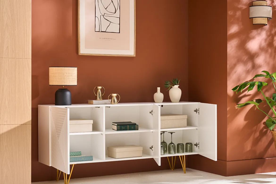 Buffet design blanc et métal doré 3 portes L160 cm OZEN