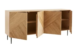 Buffet design en bois clair chêne massif gravé et métal noir 4 portes L180 cm ARCHIPEL