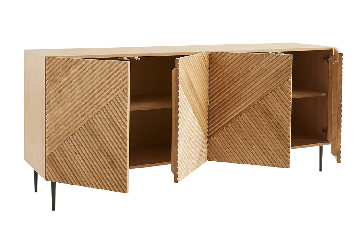 Buffet design en bois clair chêne massif gravé et métal noir 4 portes L180 cm ARCHIPEL