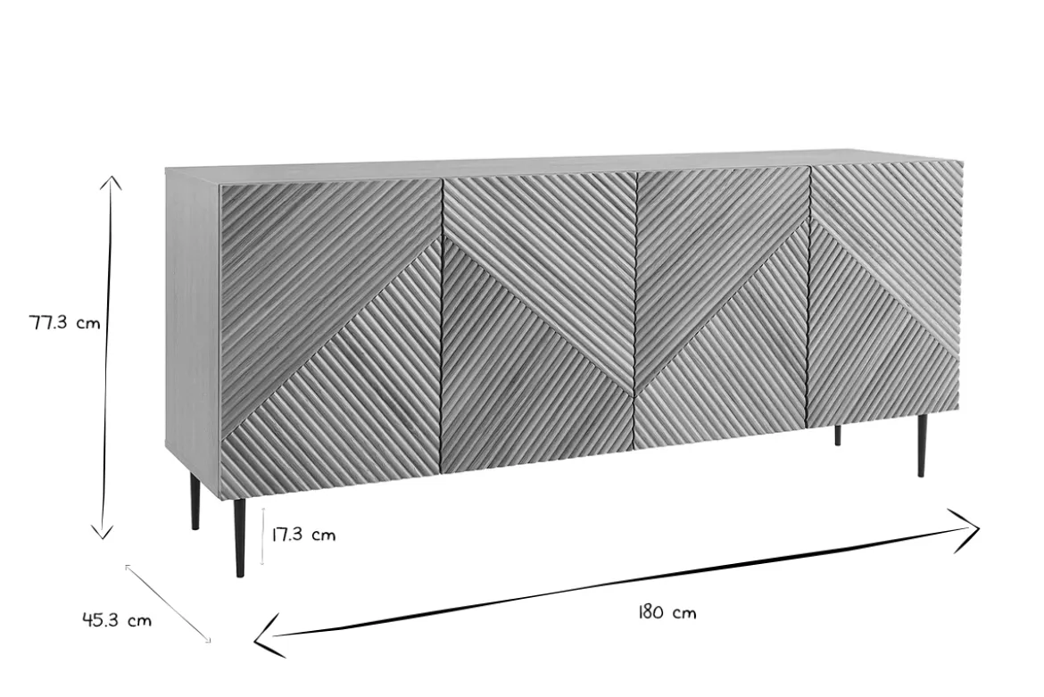 Buffet design en bois clair chêne massif gravé et métal noir 4 portes L180 cm ARCHIPEL