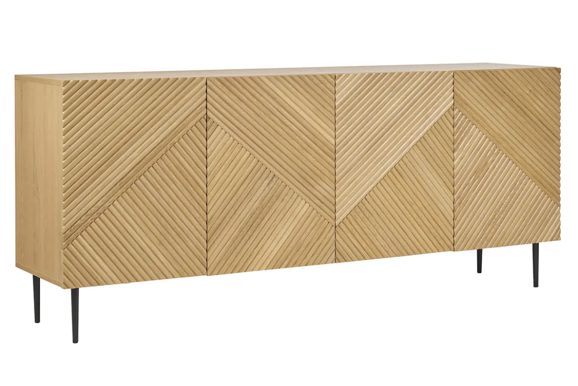 Buffet design en bois clair chêne massif gravé et métal noir 4 portes L180 cm ARCHIPEL