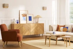 Buffet design en bois clair chêne massif gravé et métal noir 4 portes L180 cm ARCHIPEL