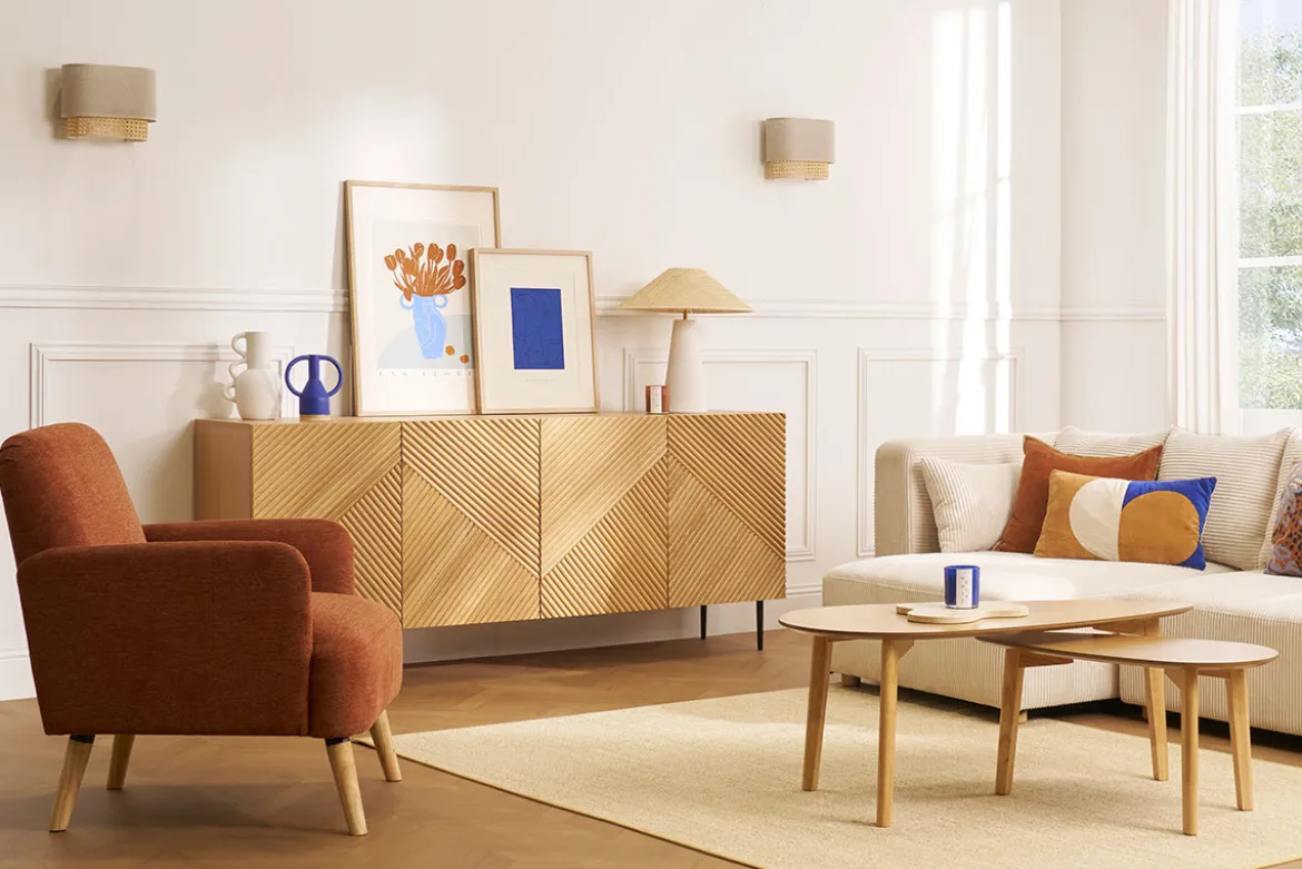 Buffet design en bois clair chêne massif gravé et métal noir 4 portes L180 cm ARCHIPEL