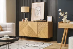 Buffet design en bois clair chêne massif gravé et métal noir 3 portes L135 cm ARCHIPEL