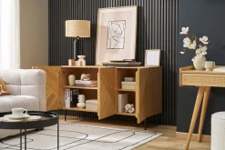 Buffet design en bois clair chêne massif gravé et métal noir 3 portes L135 cm ARCHIPEL