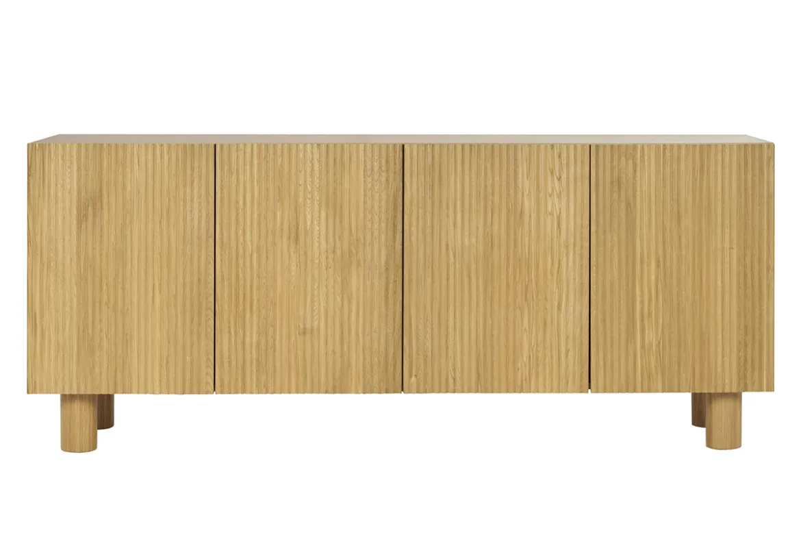 Buffet design en bois clair chêne massif gravé 4 portes L180 cm GOSHI