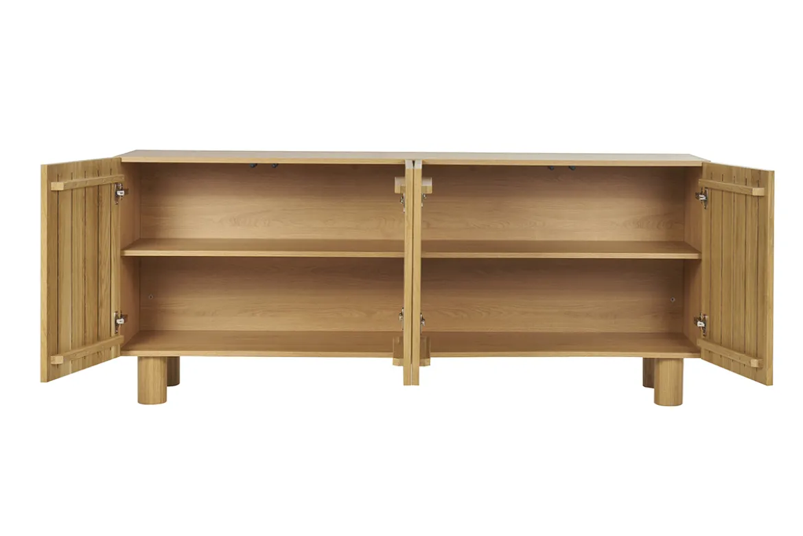 Buffet design en bois clair chêne massif gravé 4 portes L180 cm GOSHI