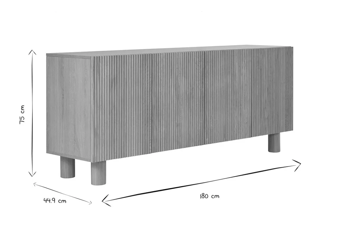 Buffet design en bois clair chêne massif gravé 4 portes L180 cm GOSHI