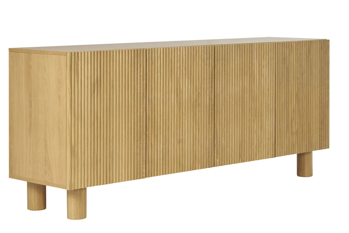Buffet design en bois clair chêne massif gravé 4 portes L180 cm GOSHI