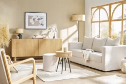 Buffet design en bois clair chêne massif gravé 4 portes L180 cm GOSHI