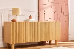 Buffet design en bois clair chêne massif gravé 4 portes L180 cm GOSHI
