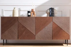 Buffet design en bois foncé chêne massif gravé et métal noir 4 portes L180 cm ARCHIPEL