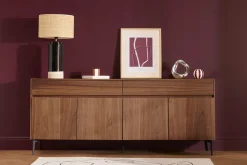 Buffet design en bois foncé noyer et métal noir 4 portes 2 tiroirs L180 cm BLISS