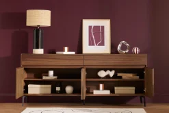 Buffet design en bois foncé noyer et métal noir 4 portes 2 tiroirs L180 cm BLISS