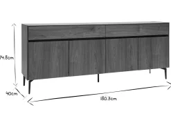 Buffet design en bois foncé noyer et métal noir 4 portes 2 tiroirs L180 cm BLISS