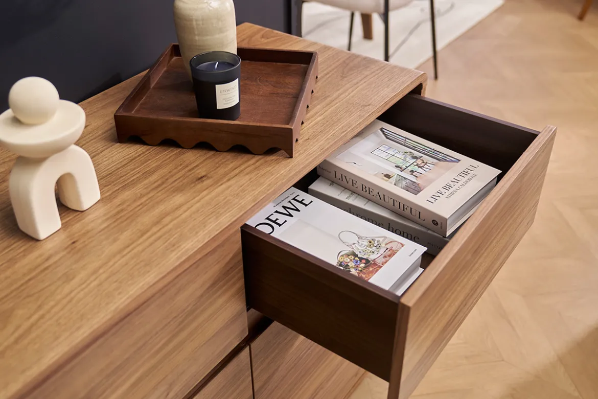 Buffet design en bois foncé noyer 3 portes 3 tiroirs L160 cm JAKO