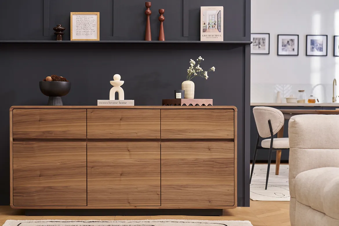 Buffet design en bois foncé noyer 3 portes 3 tiroirs L160 cm JAKO