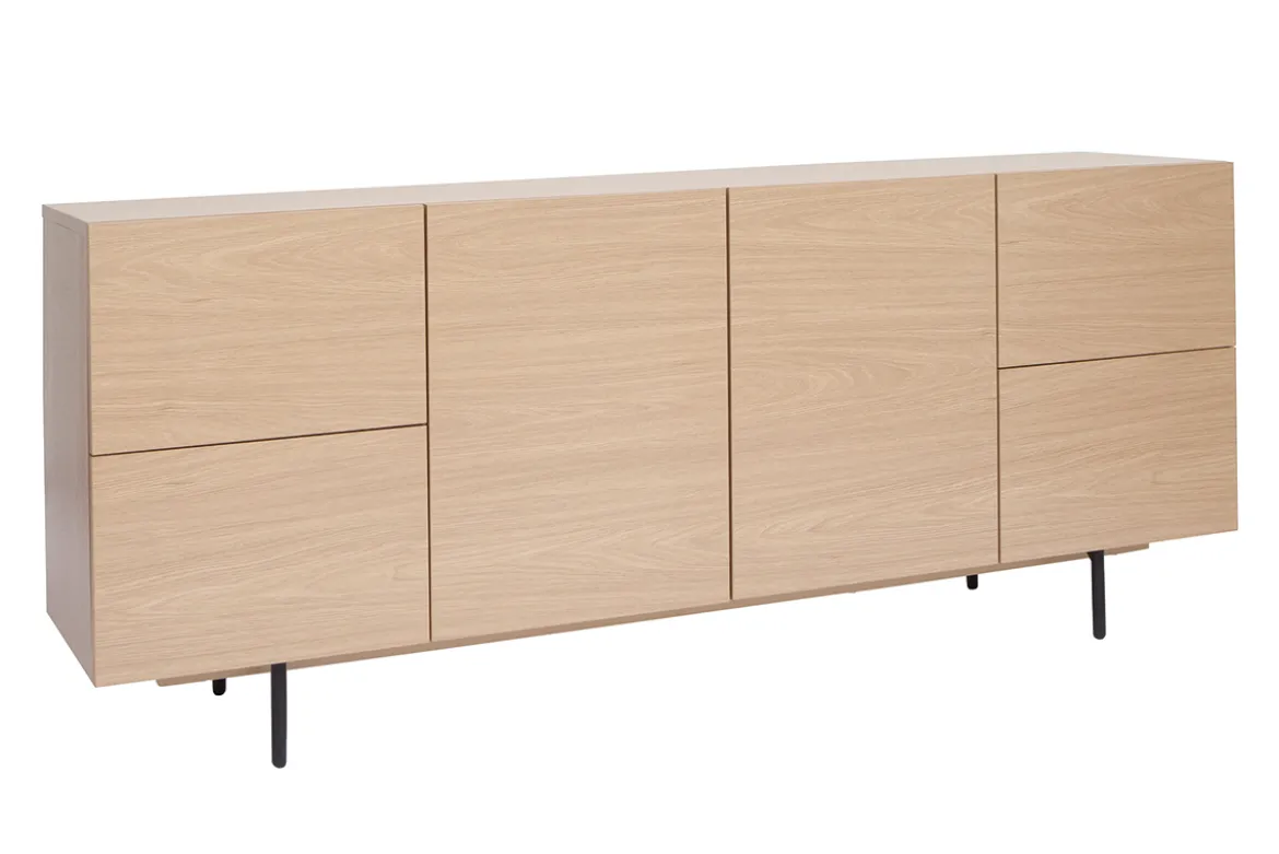 Buffet design finition bois clair chêne et métal noir 2 portes 4 tiroirs L180 cm ALASKA