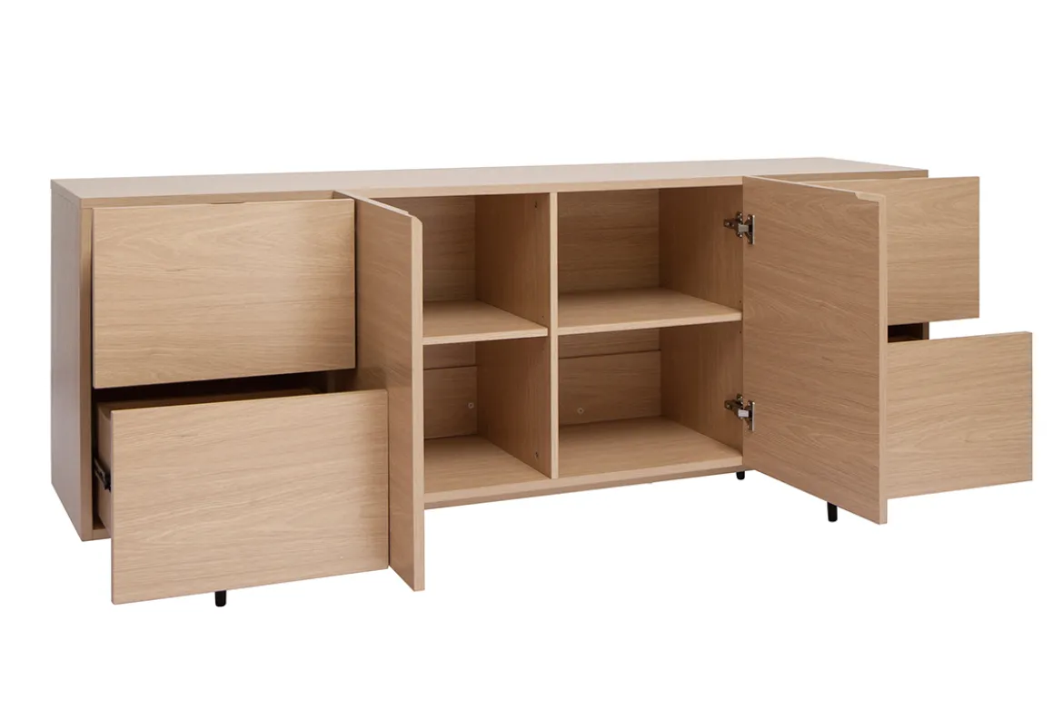 Buffet design finition bois clair chêne et métal noir 2 portes 4 tiroirs L180 cm ALASKA