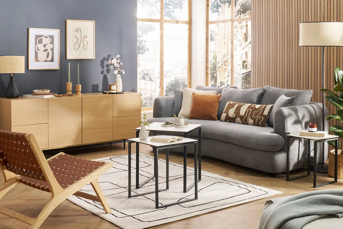 Buffet design finition bois clair chêne et métal noir 2 portes 4 tiroirs L180 cm ALASKA