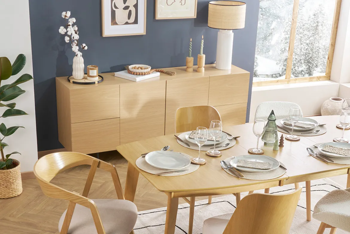 Buffet design finition bois clair chêne et métal noir 2 portes 4 tiroirs L180 cm ALASKA