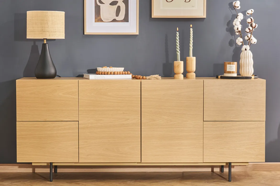 Buffet design finition bois clair chêne et métal noir 2 portes 4 tiroirs L180 cm ALASKA