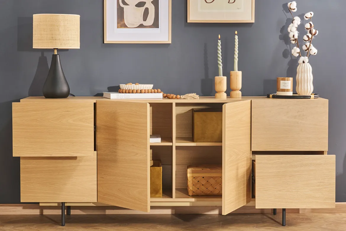 Buffet design finition bois clair chêne et métal noir 2 portes 4 tiroirs L180 cm ALASKA