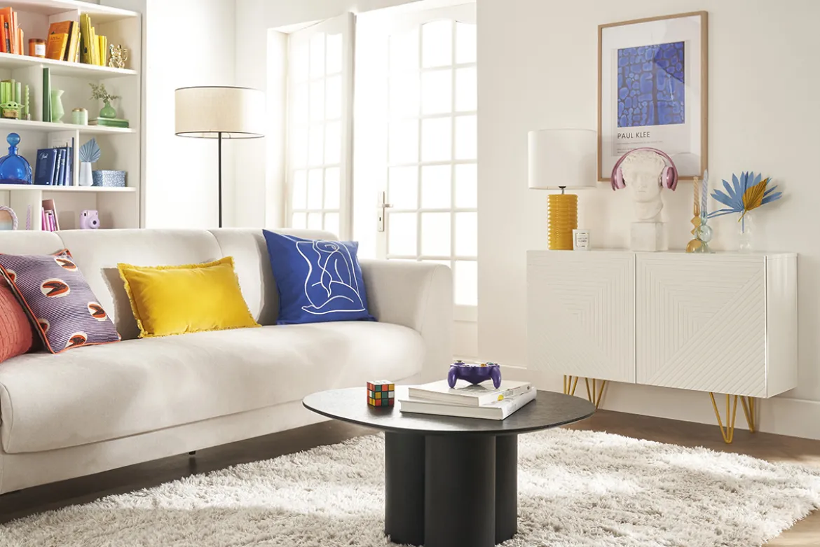 Buffet design gravé blanc mat et métal doré 2 portes L107 cm OZEN