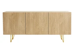 Buffet design gravé finition bois clair chêne et métal doré 3 portes L160 cm OZEN