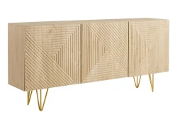 Buffet design gravé finition bois clair chêne et métal doré 3 portes L160 cm OZEN