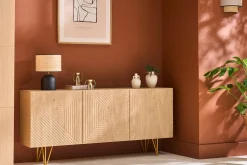 Buffet design gravé finition bois clair chêne et métal doré 3 portes L160 cm OZEN