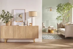 Buffet design gravé finition bois clair chêne et métal doré 3 portes L160 cm OZEN