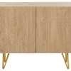 Buffet design gravé finition bois clair chêne et métal doré 2 portes L107 cm OZEN