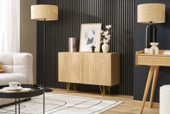 Buffet design gravé finition bois clair chêne et métal doré 2 portes L107 cm OZEN