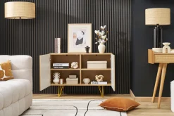 Buffet design gravé finition bois clair chêne et métal doré 2 portes L107 cm OZEN