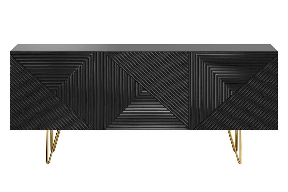 Buffet design gravé noir et métal doré 3 portes L160 cm OZEN