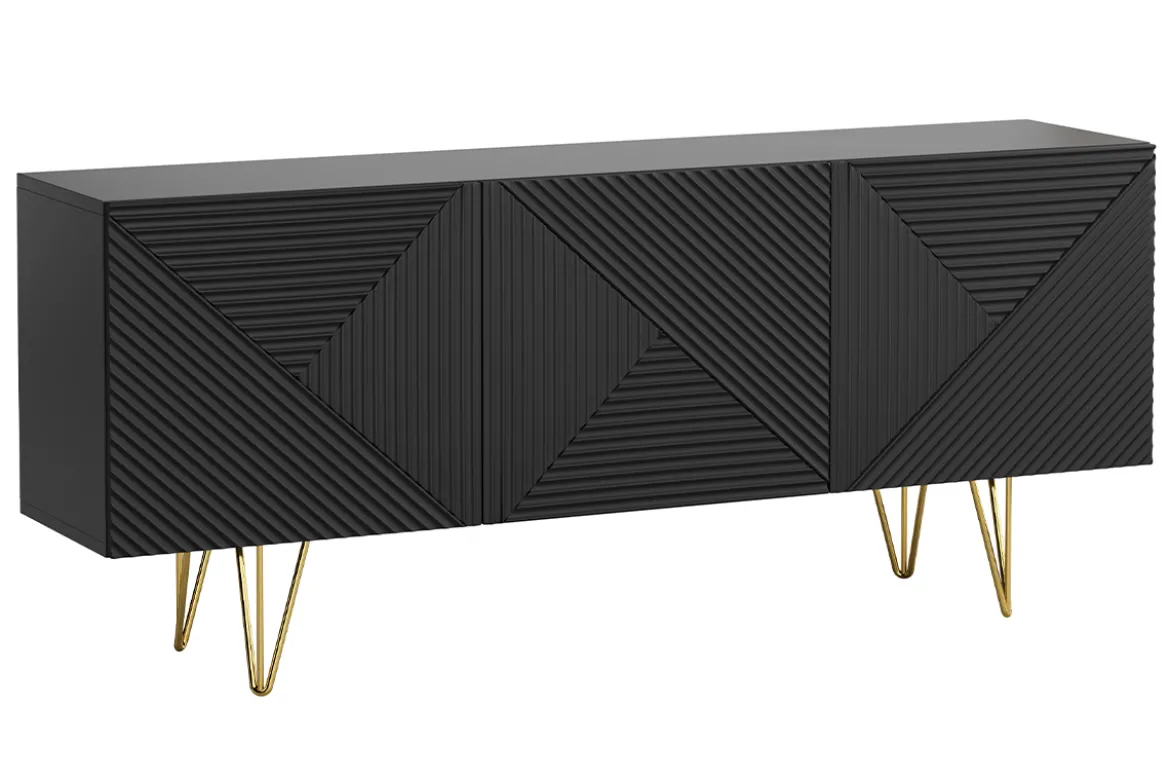 Buffet design gravé noir et métal doré 3 portes L160 cm OZEN